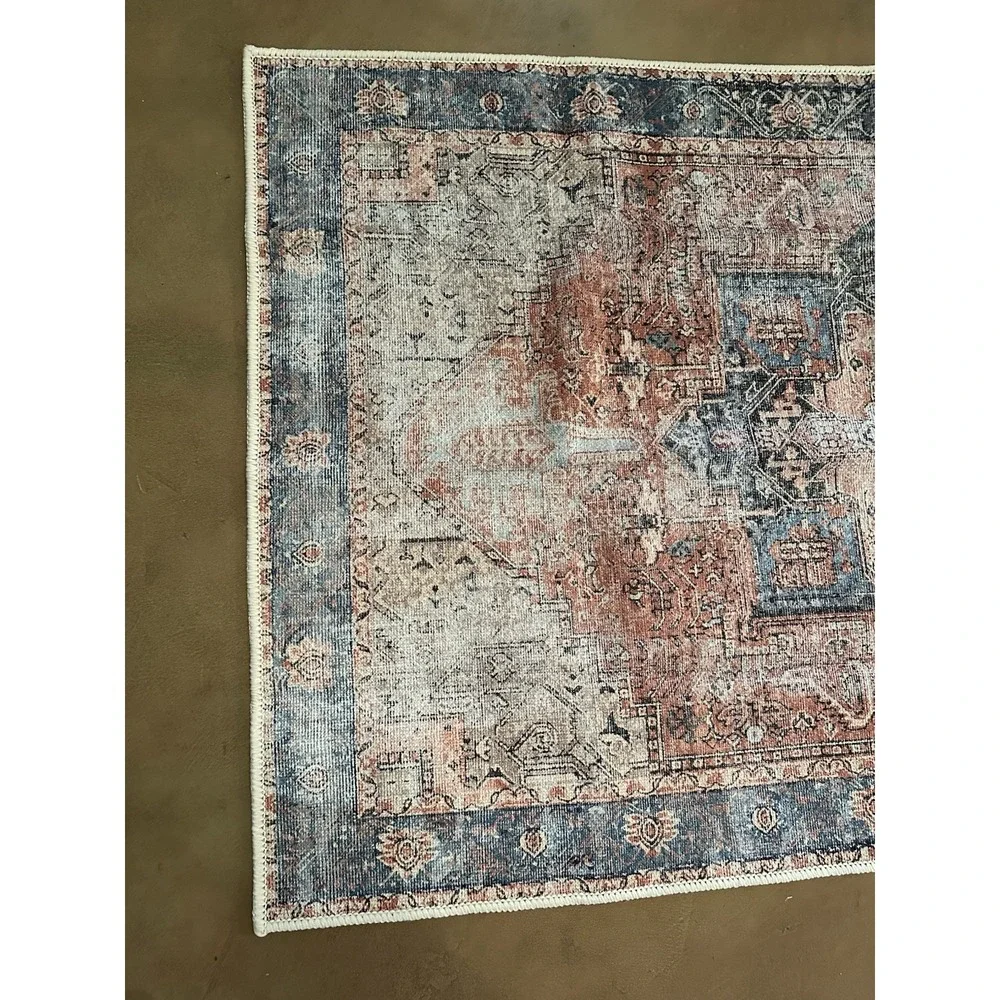 Machine Washable Rug 3'X5' Adiva Milano MLN17 Blue Orange Cream Faded-Look